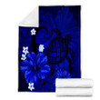 FamilyGater Blanket - Hawaiian Map Big Turtle Hibiscus Plumeria Tribal Polynesian Premium Blankets - Blue - AH - J6C