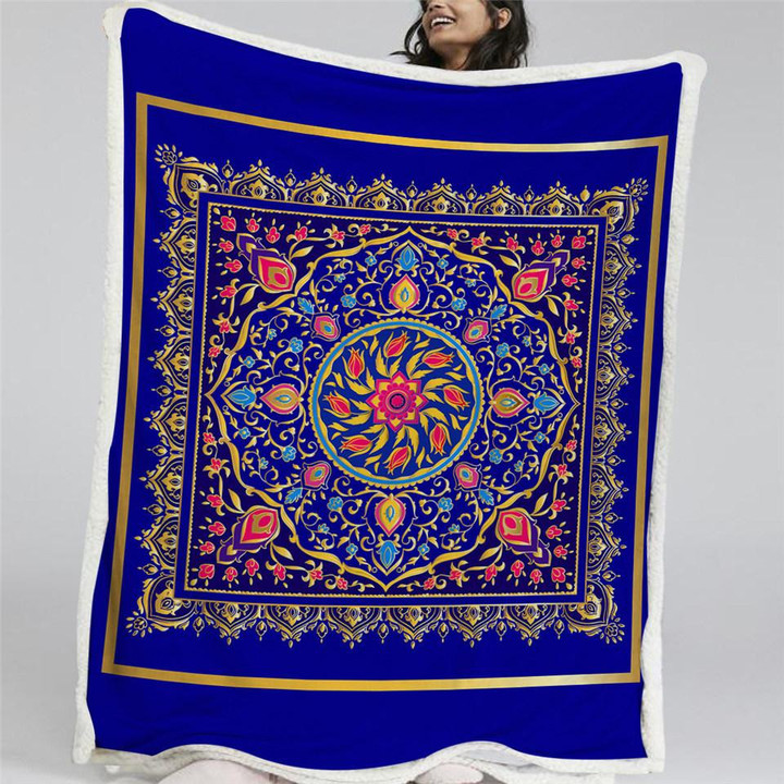Blue Mandala Themed Sherpa Fleece Blanket