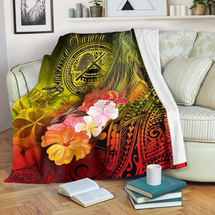 FamilyGater Blanket - American Samoa Polynesian Premium Blanket - Humpback Whale with Tropical Flowers - BN18