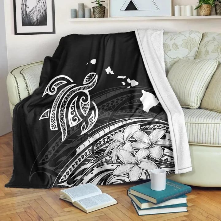 FamilyGater Blanket - Hawaii Turtle Polynesian Map Plumeria Premium Blankets White - AH - JRC