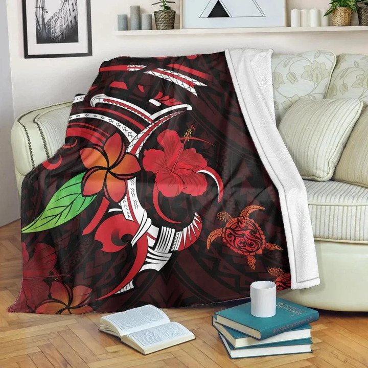 FamilyGater Blanket - Hawaiian Turtle Hibiscus And Plumeria Flower Polynesian Premium Blankets - AH - J4C
