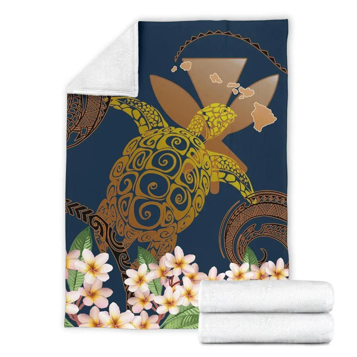 FamilyGater Blanket - Hawaii Turtle Plumeria Polynesian Kanaka Map - Blue Style - Premium Blanket AH J2