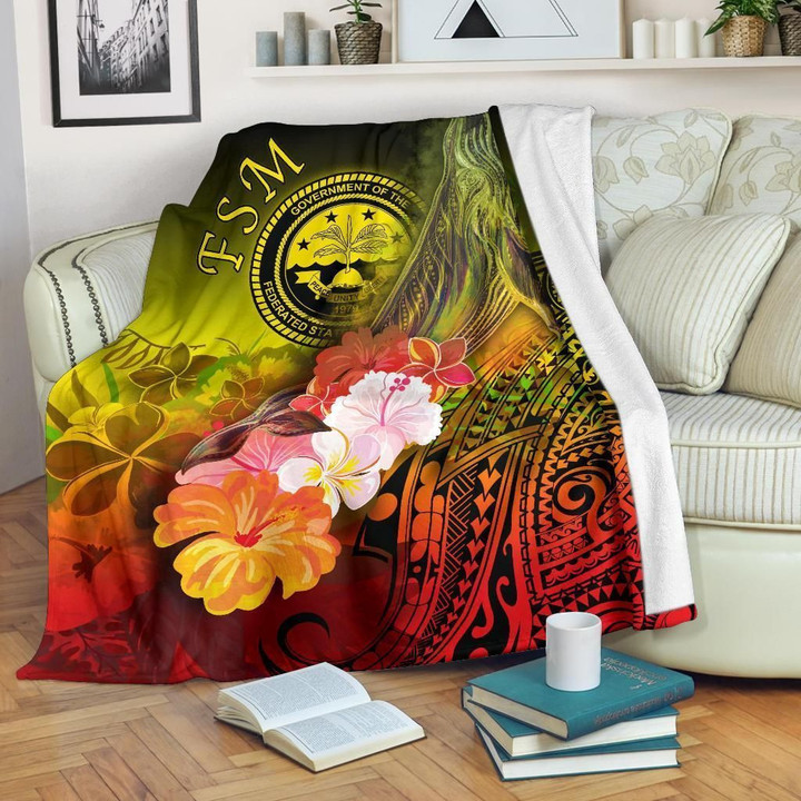 FamilyGater Blanket - Federated States of Micronesia Premium Blanket - Humpback Whale with Tropical Flowers (Yellow)- BN18