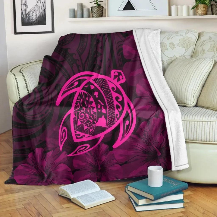FamilyGater Blanket - Hawaiian Map Turtle Kanaka Hibiscus Polynesian Premium Blankets - Pink - AH - J4C