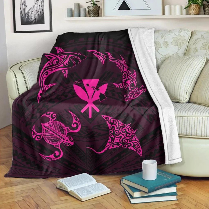 FamilyGater Blanket - Polynesian Turtle Hammerhead Shark Ray Kanaka Hawaii Premium Blankets Circle Pink - AH - J5C