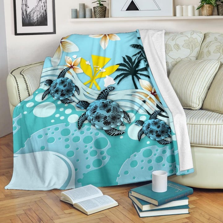 FamilyGater Blanket - Hawaii Premium Blanket - Blue Turtle Hibiscus A24