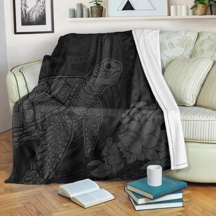 FamilyGater Blanket - Hawaiian Hibiscus Memory Turtle Polynesian Premium Blankets Gray - AH - JRC