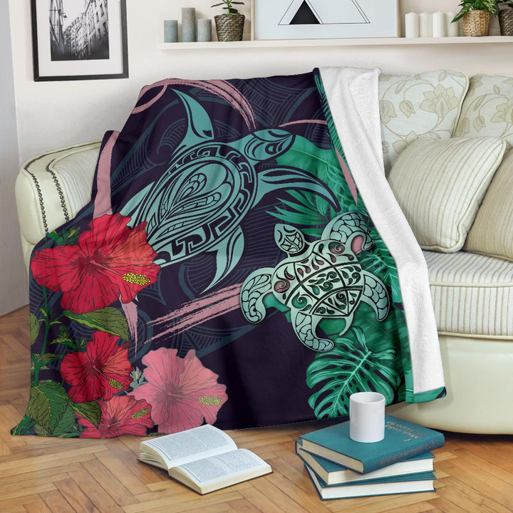 FamilyGater Blanket - Hawaii Turtle Hibiscus Valentine Premium Blanket - Tropical Style - AH - JA