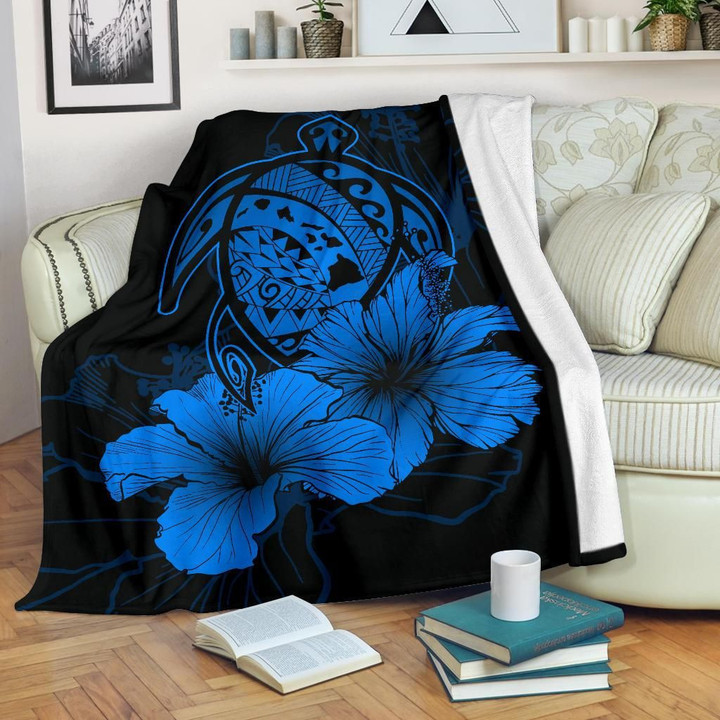 FamilyGater Blanket - Hawaii Hibiscus Premium Blanket - Turtle Map - Traffic Blue - AH J9