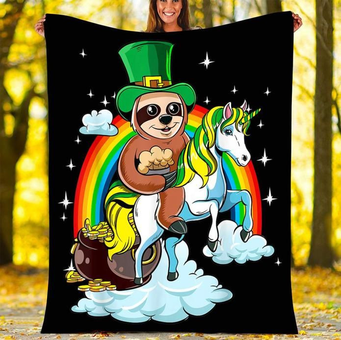 St Patricks Day Sloth On A Unicorn Irish Gift Fleece Blanket TN230251