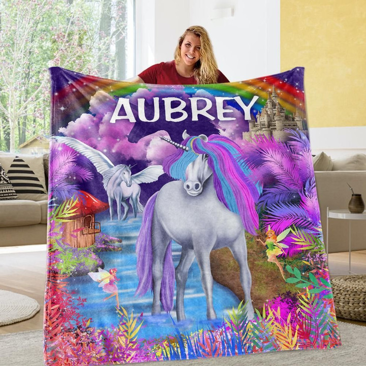 Aubrey Magical Unicorn Wonderland Name Custom Text Printed Fleece Blanket