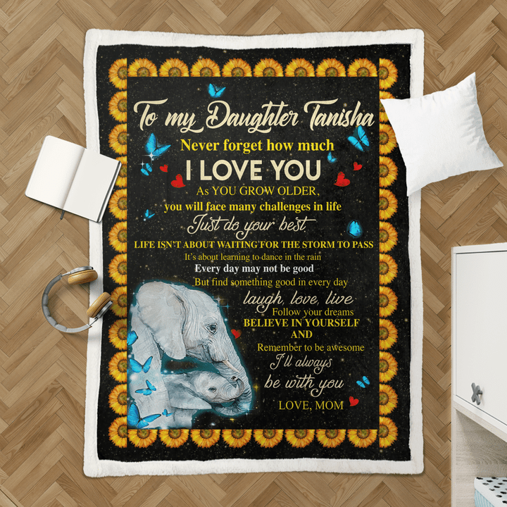 Custom Text Name For Daughter From Mom Elephant I'Ll Always Be With You Sherpa Blanket