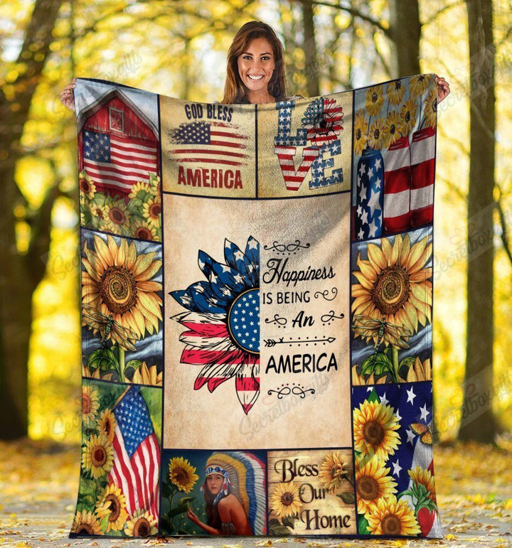 Happiness Is Being An America Usa American Flag Sunflower Gs-Cl-Ld0106 Fleece Blanket