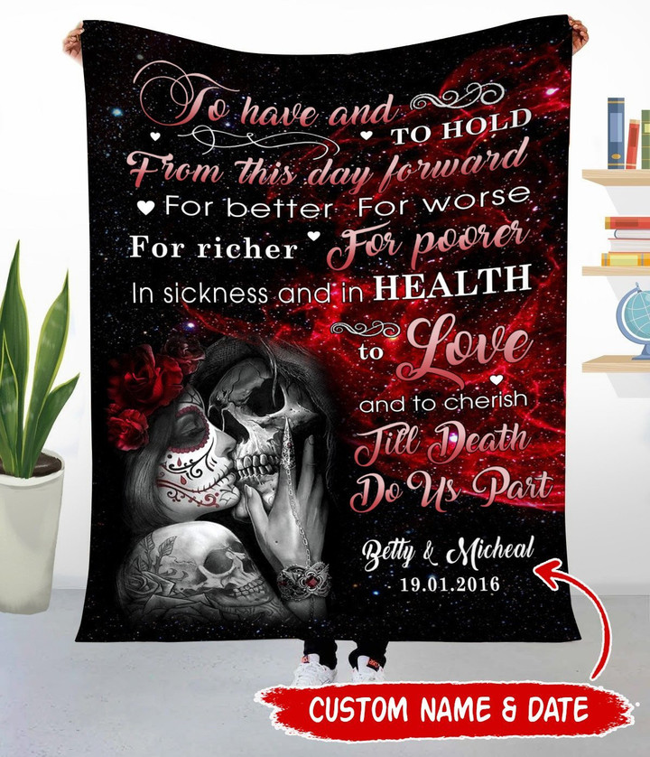 Personalized Name And Date Skull Couple Till Death Do Us Part Couple Gifts, Valentine Gifts Cozy Fleece Blanket, Sherpa Blanket