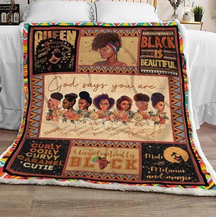 God Says You Are Black Girls Magic Black Queen Melanin Black Is Beautiful Black Girl African American Sherpa Fleece Quilt Blanket Personalized