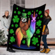 Custom Blanket Leprechaun Sloth Riding Llama Unicorn St Patricks Day Blanket - Fleece Blanket