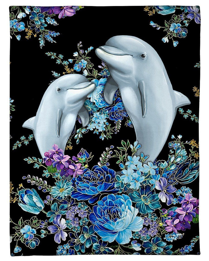 Blanket With Blue Flowers And Dolphin Gift For Dolphin Lovers Fleece Blanket