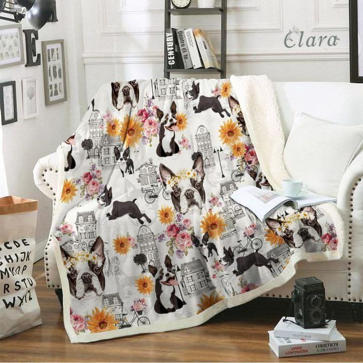 Flower Boston Terrier City Cl05120144Mdf Sherpa Fleece Blanket