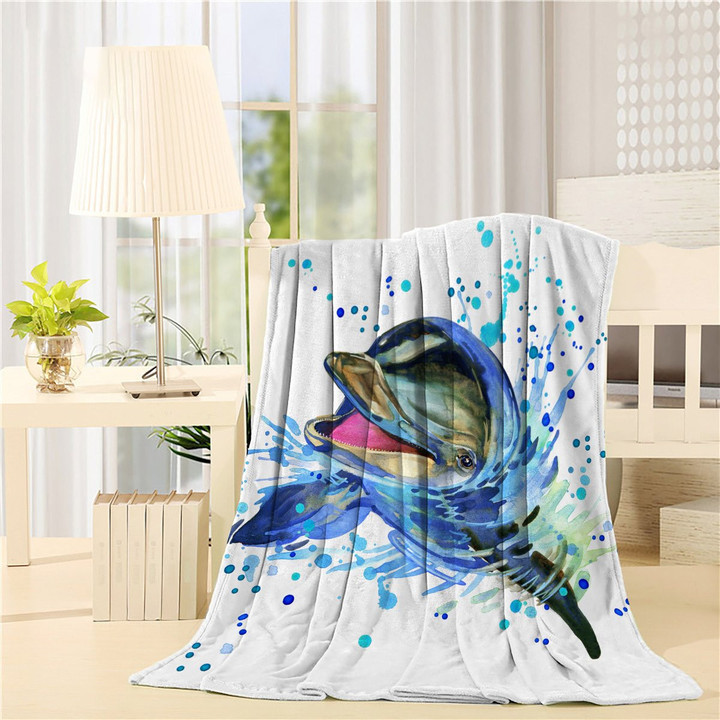 Dolphin Illustration With Splash Watercolor Throw Blanket