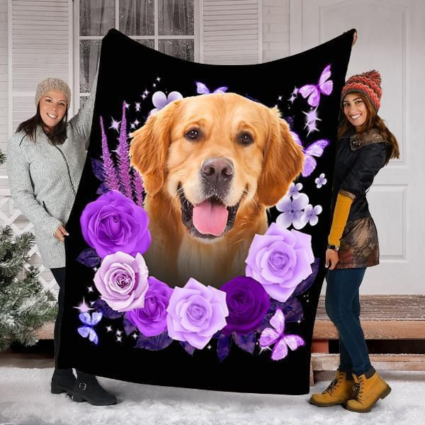Golden Retriever Dog Purple Roses Printed Fleece Blanket