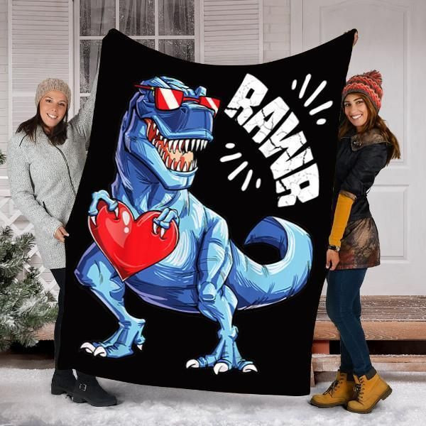 Valentines Day Dinosaur Rawr Printed Fleece Blanket