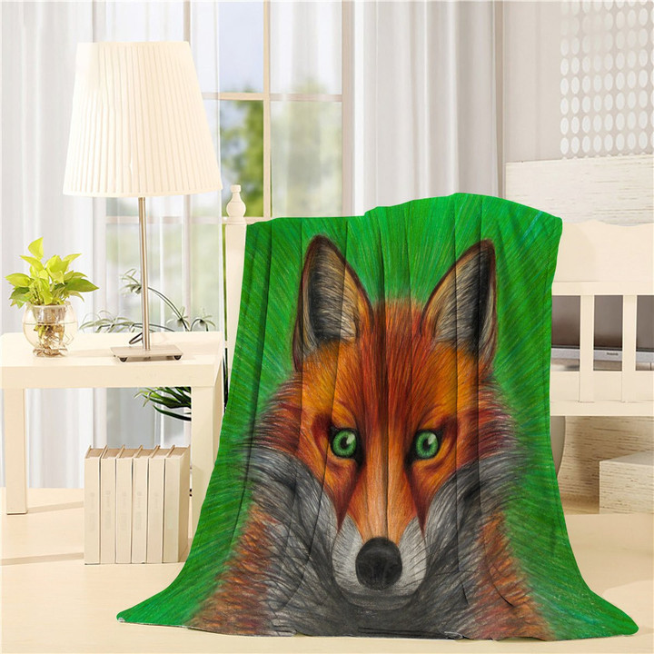 Red Fox With Green Eyes On Green Background Throw Blanket