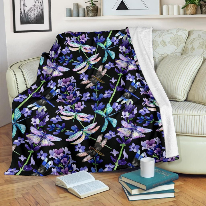Lavender Dragonfly Pattern Print Design Black Fleece Blanket