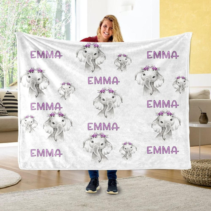 Emma Custom Text Name Purple Floral Elephant Printed Fleece Blanket