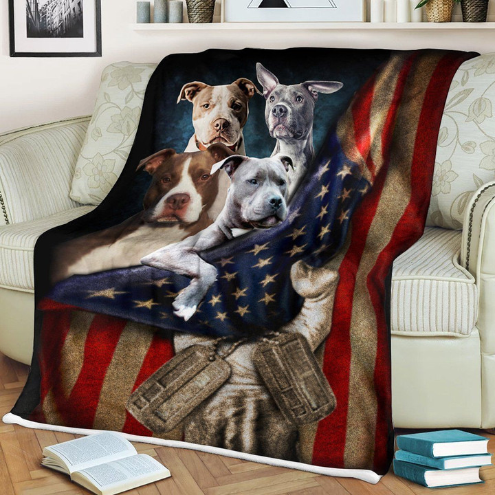 Pitbull American Flag Custom Text Name Fleece Blanket
