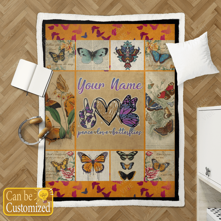 Peace Love Butterfly Personalize Custom Name Blanket
