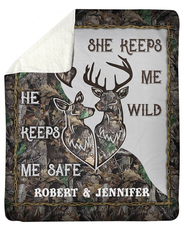 Deer Camo He Keeps Me Safe Gift For Lover Custom Name Fleece Blanket Sherpa Blanket