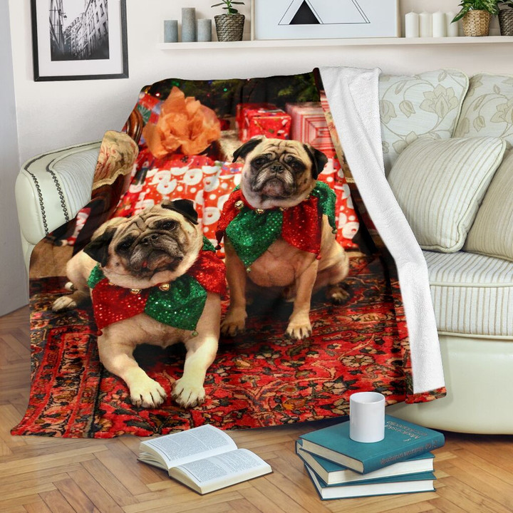Pug Dog Christmas Greetings Printed Fleece Blanket