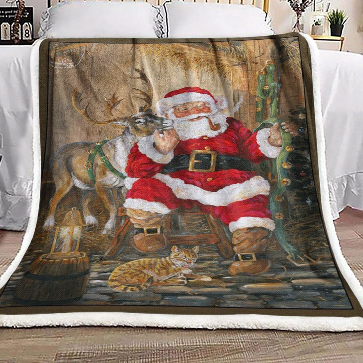 Santa Claus And Reindeer Sherpa Fleece Blanket Rrub
