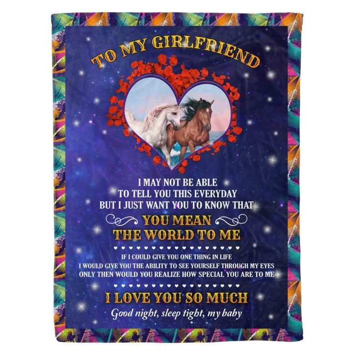 To My Girlfriend Letter From Boyfriend You Mean The World To Me Horse Couple Matching Valentine Throw Cozy Fleece Blanket, Sherpa Blanket