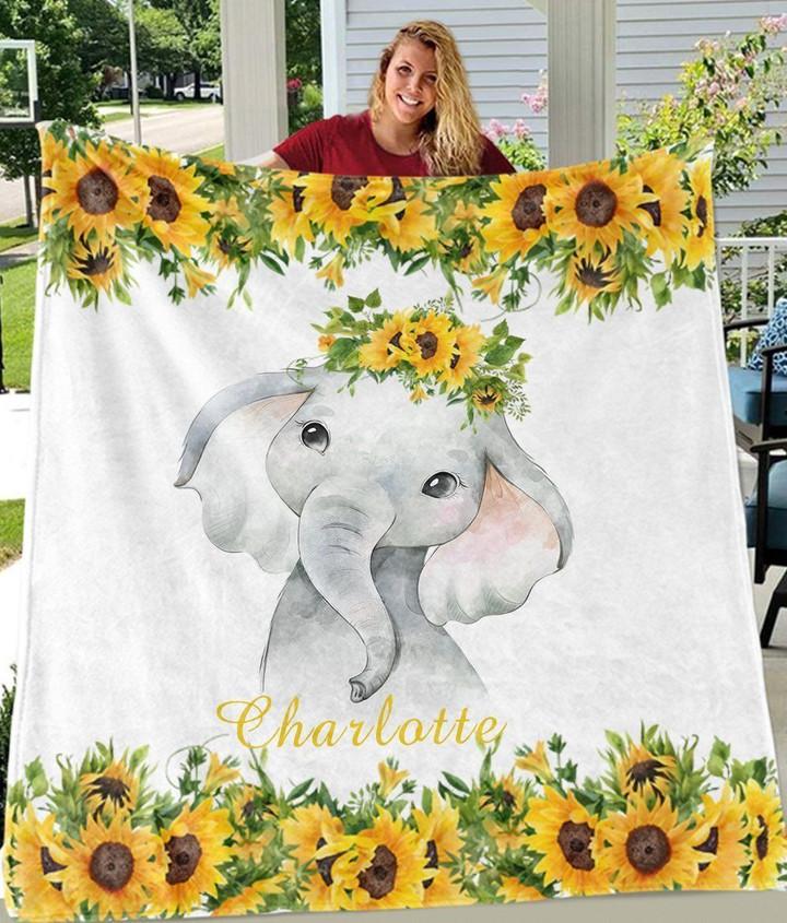 Charlotte Baby Elephant Printed Name Custom Text Fleece Blanket With Sunflower