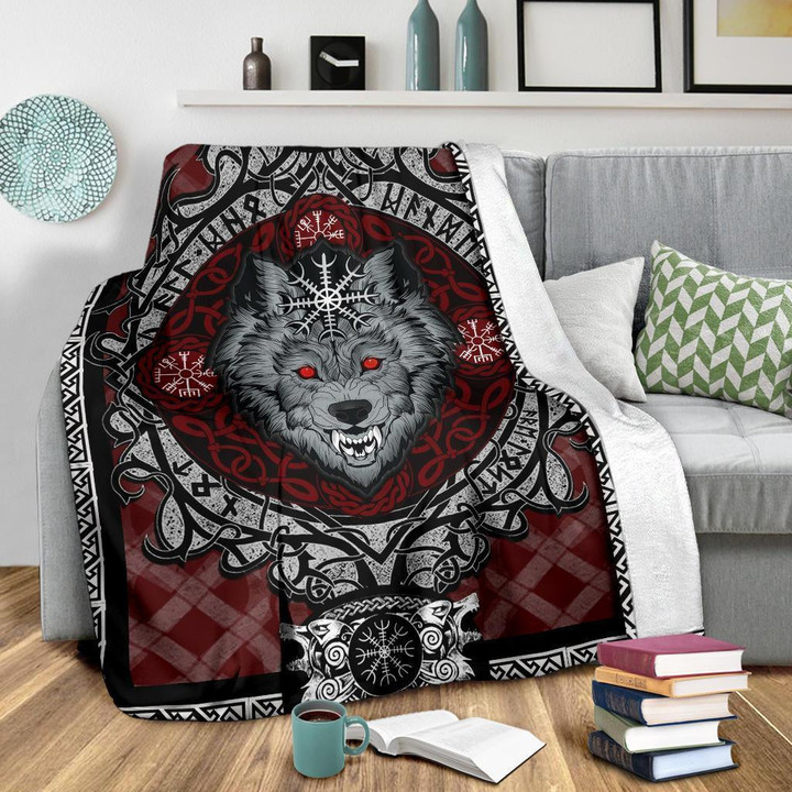 Wolf With Helm Of Awe Red Fleece Blanket | Adult 60X80 Inch | Youth 45X60 Inch | Colorful | Bk3549