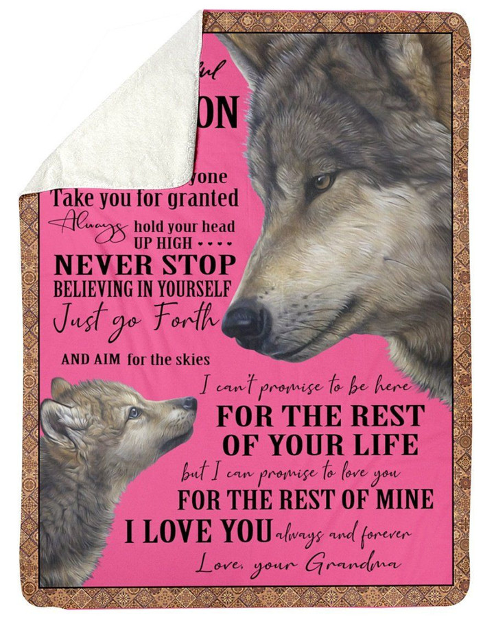 Grandma Gift For Grandson Wolf Never Stop Sherpa Blanket
