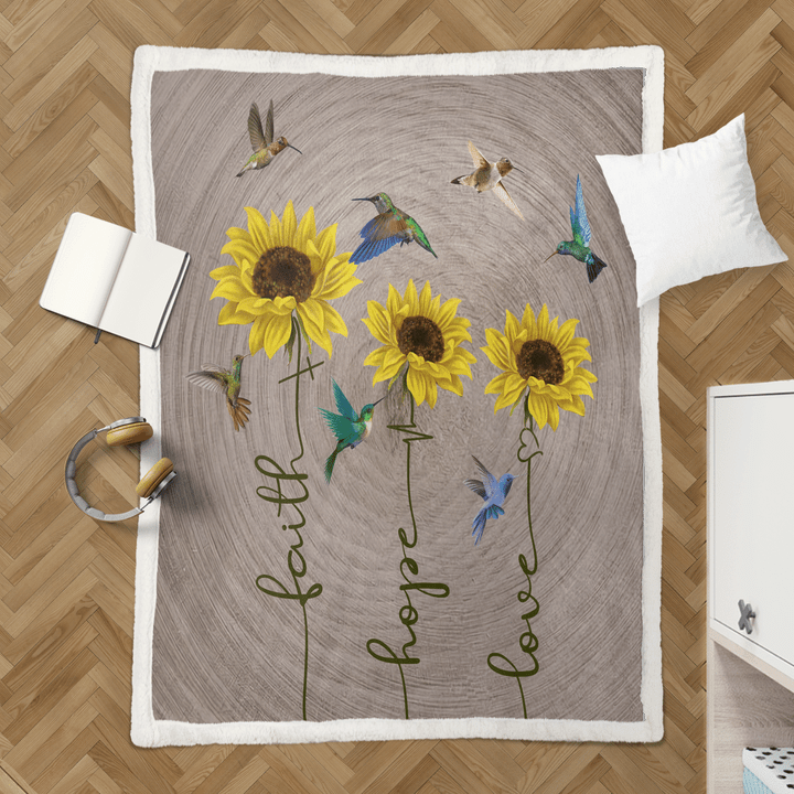 Hummingbird Sunflower Faith Hope Love Sherpa Blanket