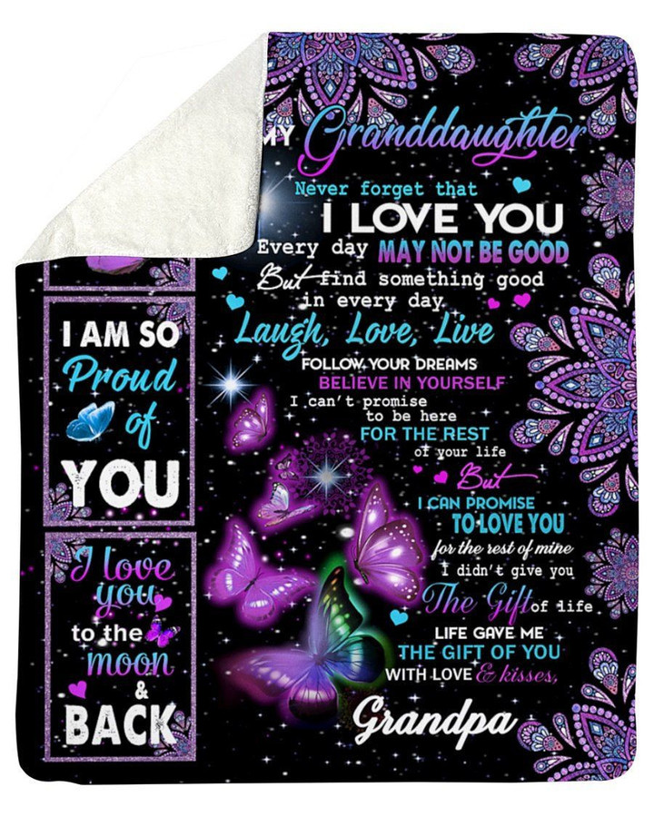 Laugh Love Live Black Background Purple Butterflies Mandala Grandpa Gift For Granddaughter Sherpa Blanket