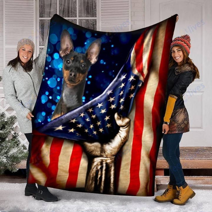 Custom Blanket Miniature Pinscher Dog American Flag Blanket - Dog Gifts - Fleece Blanket