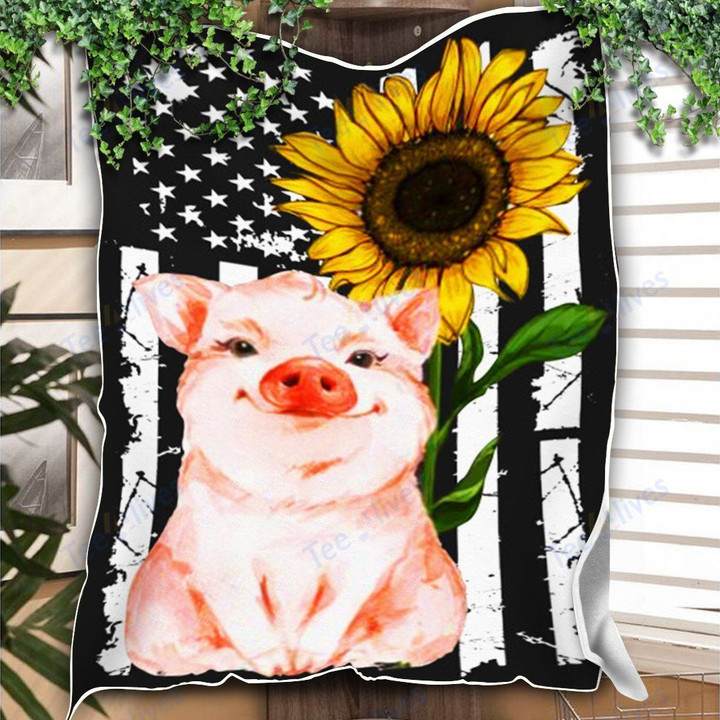 Custom Blanket Pig American Flag Sunflower Blanket - Fleece Blanket