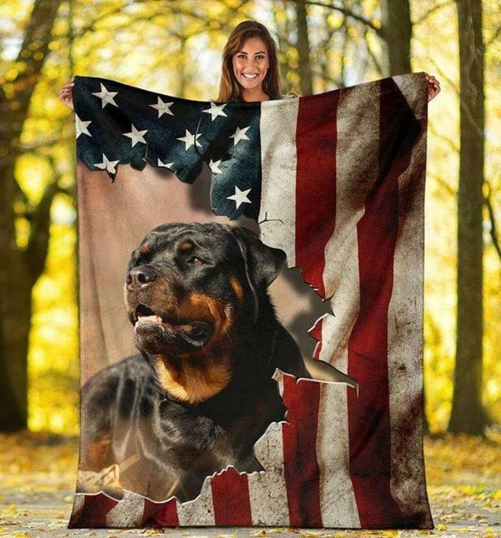 Rottweiler Us Flag Fleece Quilt Blanket Personalized Customized Home Bedroom Decor Gift