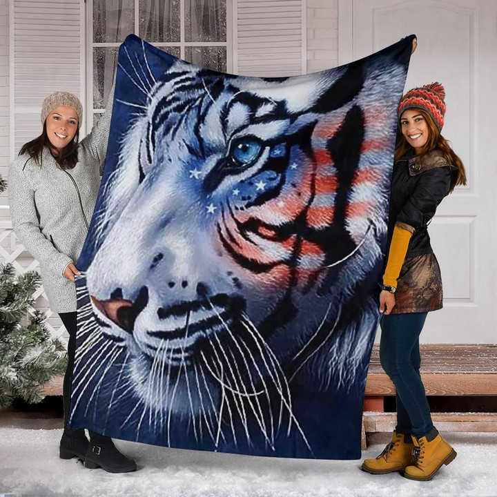 White Tiger Stripes Fleece Blanket Patriotic Tiger American Flag Tiger Gifts For Son Birthday