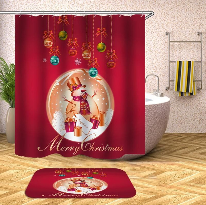 Christmas Bath Mat And Shower Curtain Set Fabric Cute Red Polyester Cloth Bathroom Curtains