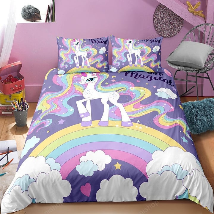 Magic Unicorn Duvet Cover Set Rainbow Stars Long Hair Unicorn Comforter Set Girls Home Microfiber Custom Bedding Set Full Queen