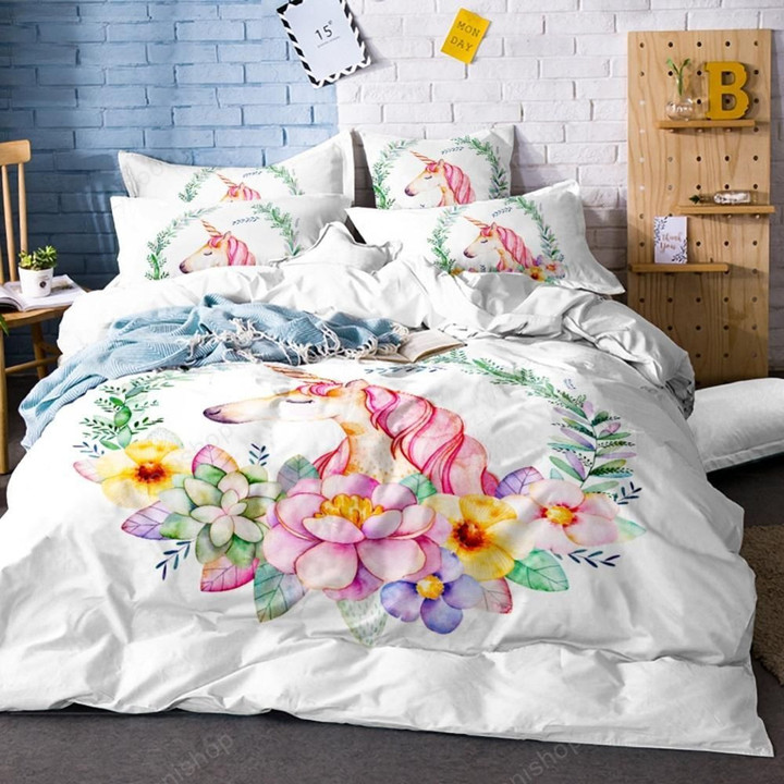 Girls Duvet Cover Set Unicorn Bed Linen Set Pink Floral Leaves Print Bedding Set 3Pcs Bedclothes Full Queen Double Bedclothes