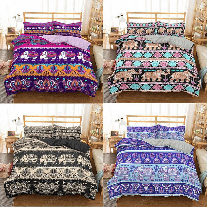 Boho Vintage Bedding Set Elephant Pattern India Duvet Cover King Queen Comforter Bedding Set Microfiber Bedclothes