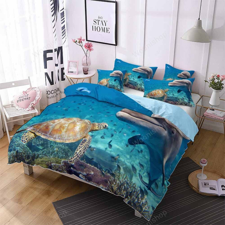 Sea Life Blue Bedding Set Turtle Dolphin Comforter Cover Queen King Double Bed Linen Set Pillowcase Girl Duvet Cover Set 2/3Pcs