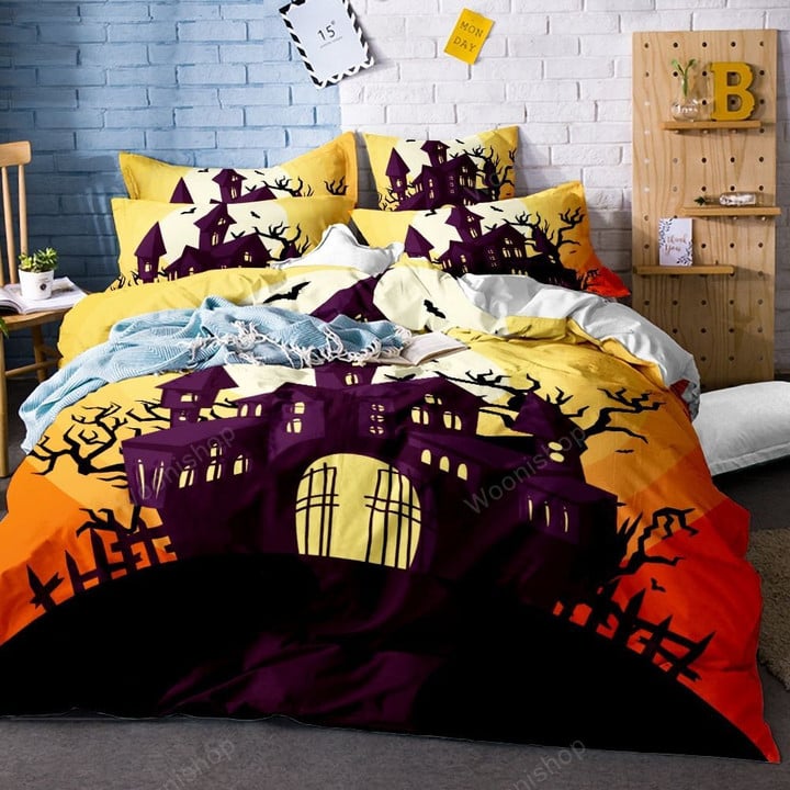 3Pcs Happy Festival Halloween Duvet Cover Set Castle Forest Bats Printing Bedding Set Kids Home Bed Linen Set With Pillowcase
