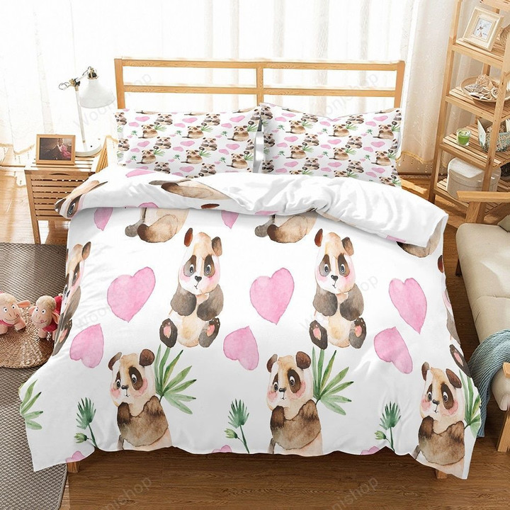 2/3Pcs Cute Panda Pink Love Microfiber Duvet Cover Set Pillowcase Green Plants 3D Print Bedding Set Animals Boy Bed Linen Set